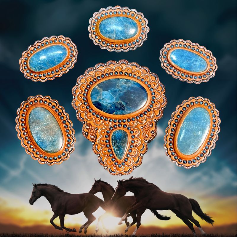 Set of tooled leather horse tack conchos with blue apatite