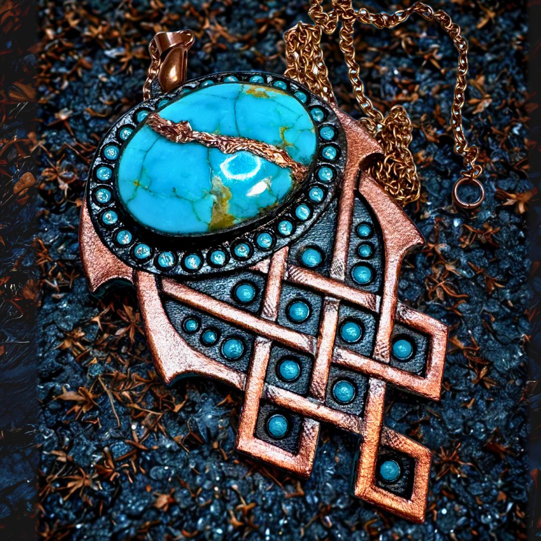 Tooled leather necklace with revamped blue Arizona turquoise