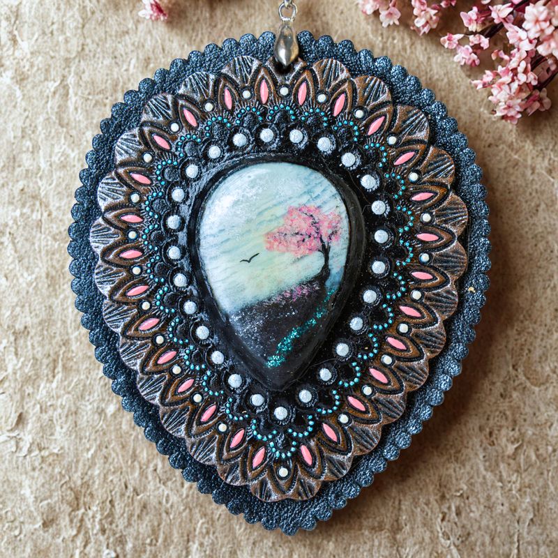 Tooled leather pendant / concho / bolo tie transformer with blue opal and hand painted sakura