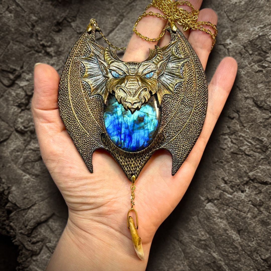 Tooled Leather Dragon Pendant: Fantasy Labradorite Necklace