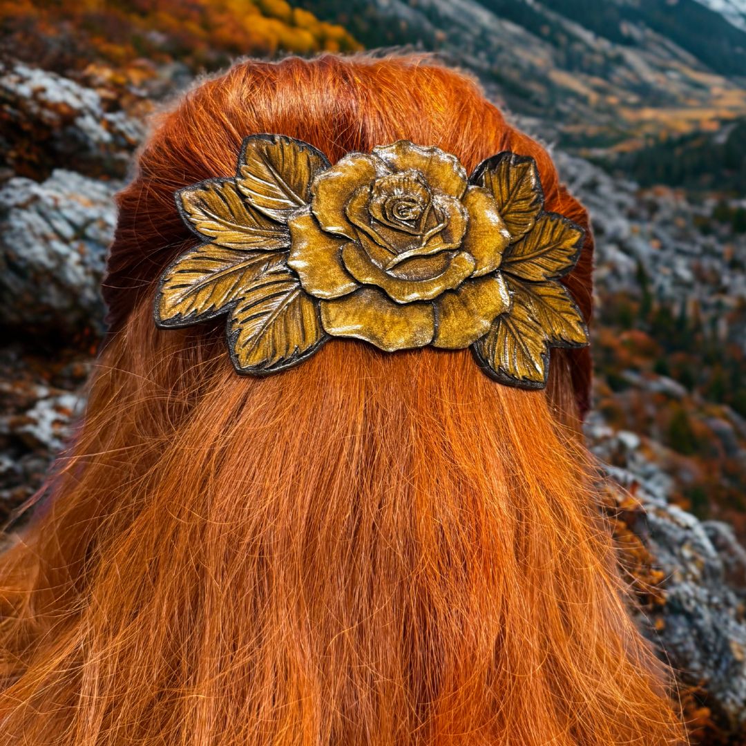 Tooled leather 3D rose hair barrette with bronze sheen