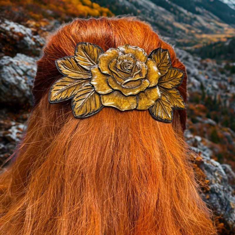 Tooled leather 3D rose hair barrette with bronze sheen