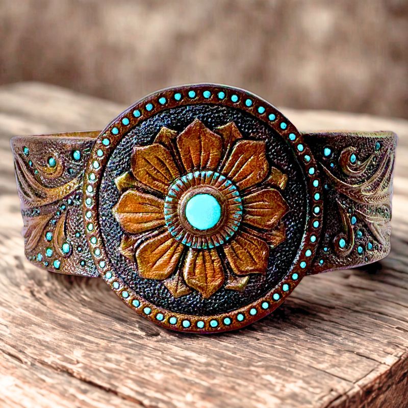 Western style tooled leather bracelet with natural Arizona turquoise