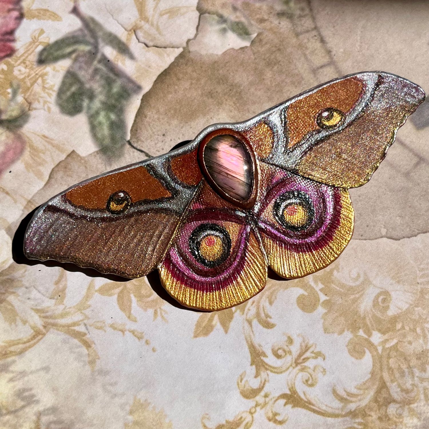 Tooled leather life-like Madagascan Emperor Moth brooch / pendant transformer with purple labradorite