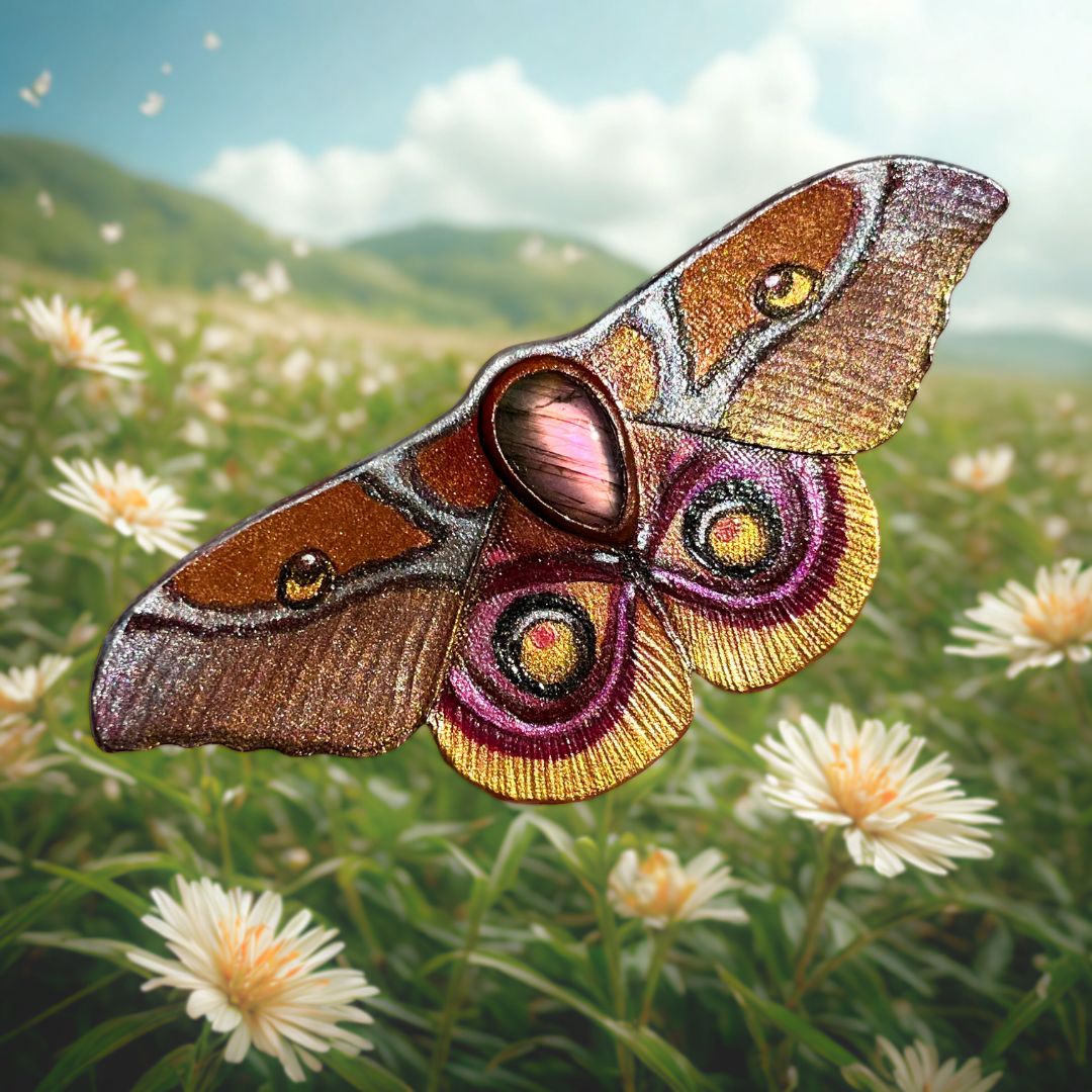 Tooled leather life-like Madagascan Emperor Moth brooch / pendant transformer with purple labradorite