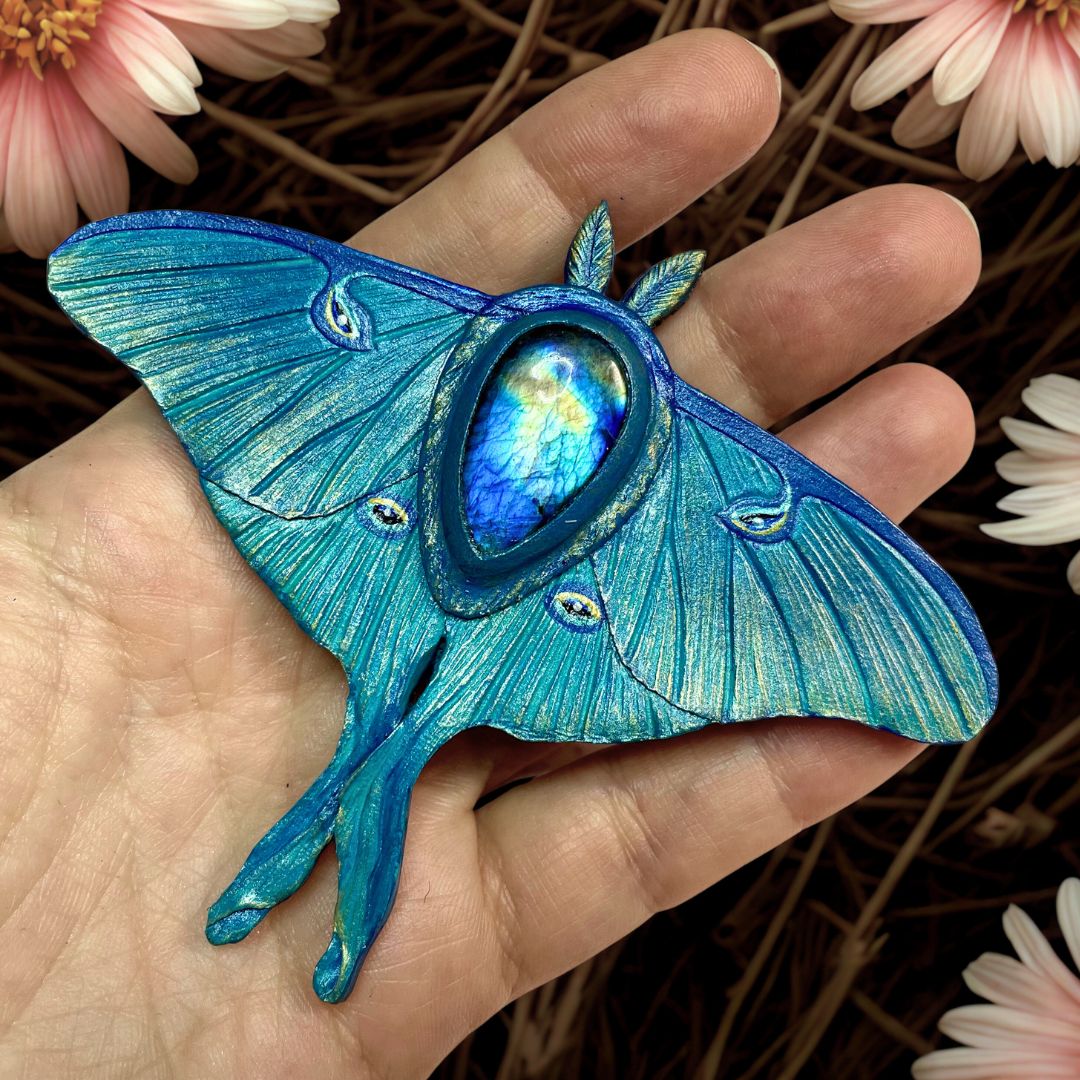 Tooled leather fantasy Luna Moth brooch / pendant / hair clip transformer with labradorite