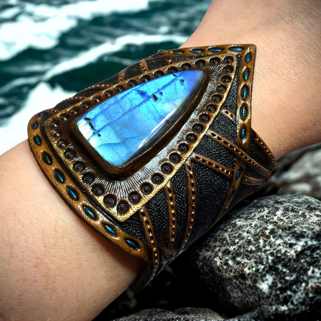 Tooled leather cuff bracelet with blue labradorite