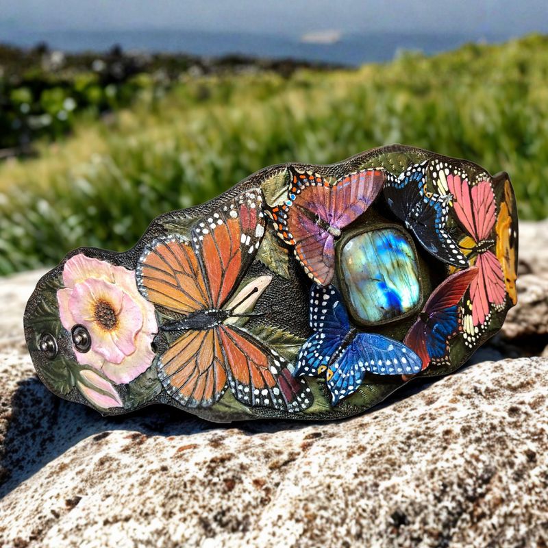 Tooled leather cuff bracelet with wild roses, butterflies and labradorite