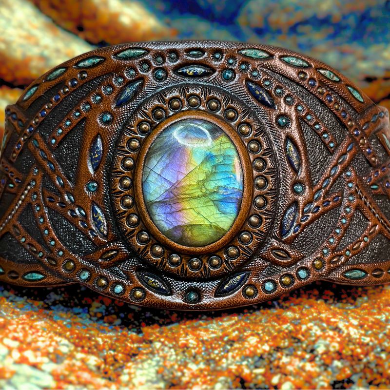 Tooled leather Boho cuff bracelet with rainbow labradorite