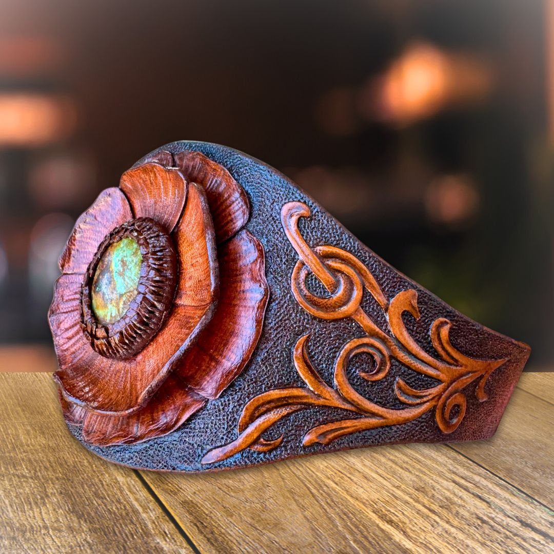 Western style tooled leather bracelet with natural Arizona turquoise