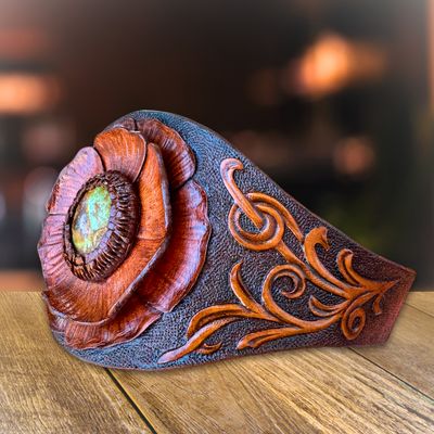 Western Style Tooled Leather Bracelet with Arizona Turquoise