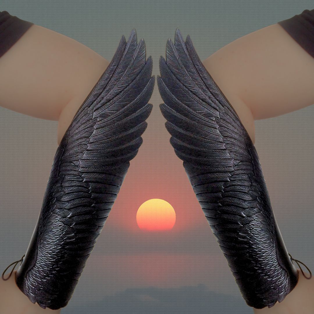 Hand Tooled Leather Raven Wing Bracers: Cosplay ArmGuards