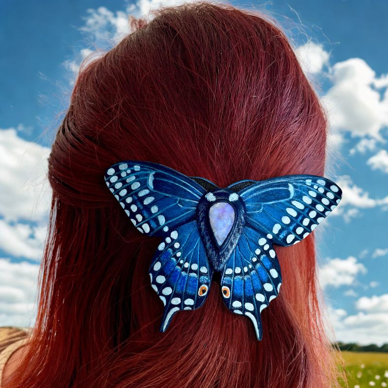 Tooled leather swallowtail butterfly hair barrette with moonstone
