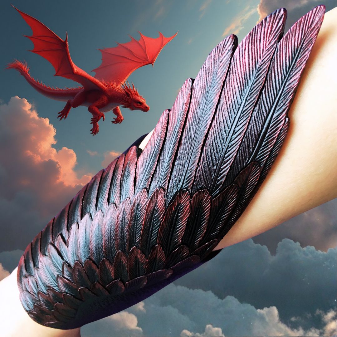 Hand Tooled Leather Wing Bracer: Black Cosplay Armguard with Iridescent Red Sheen