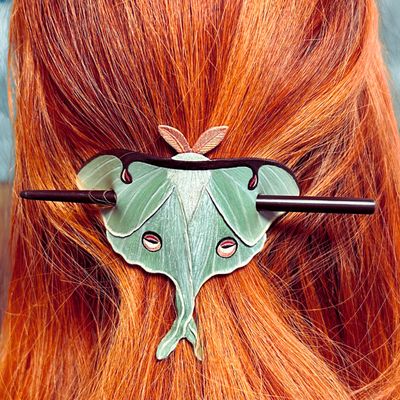 Life-like tooled leather Luna moth hair barrette / shawl pin brooch