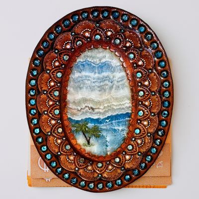 Tooled Leather Money Clip with Hand-Painted Scheelite Cabochon