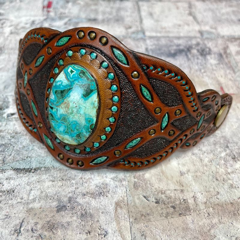 Hand tooled leather boho unisex cuff bracelet with chrysocolla-malachite
