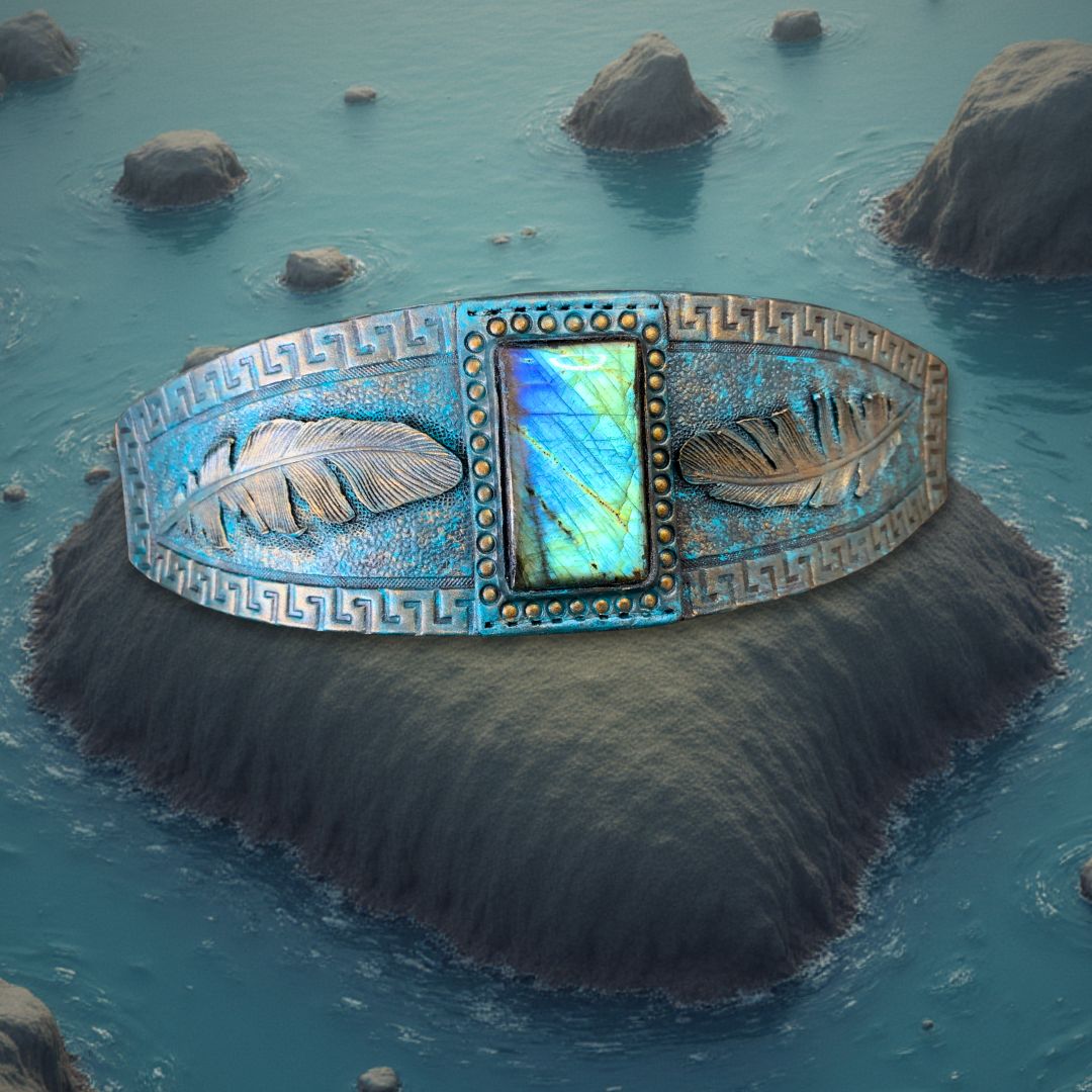 Tooled leather antique looking bronze cuff bracelet with blue labradorite and 3D feathers - Greek themed jewelry