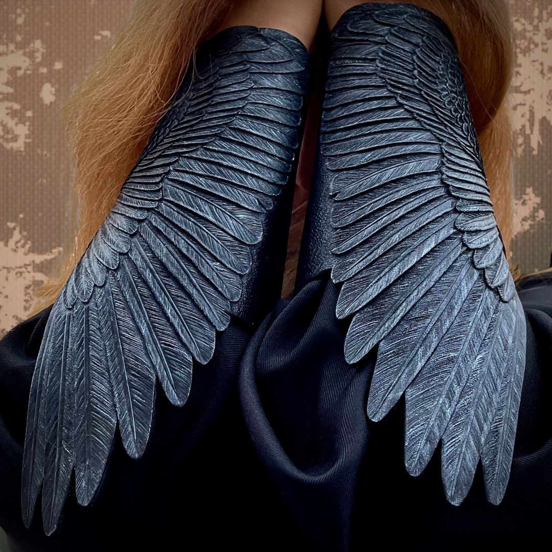 Tooled Leather Raven Wing Bracers / Cosplay Armguards with Silver Sheen