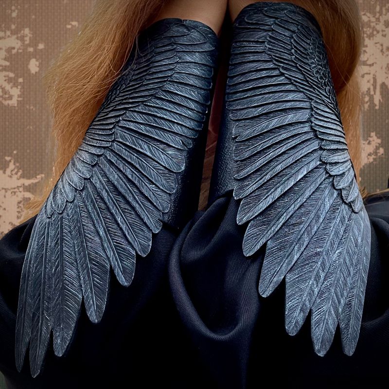 Tooled Leather Raven Wing Bracers / Cosplay Armguards with Silver Sheen