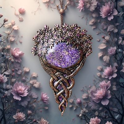 Hand tooled leather fantasy pendant with purple fluorite-pyrite