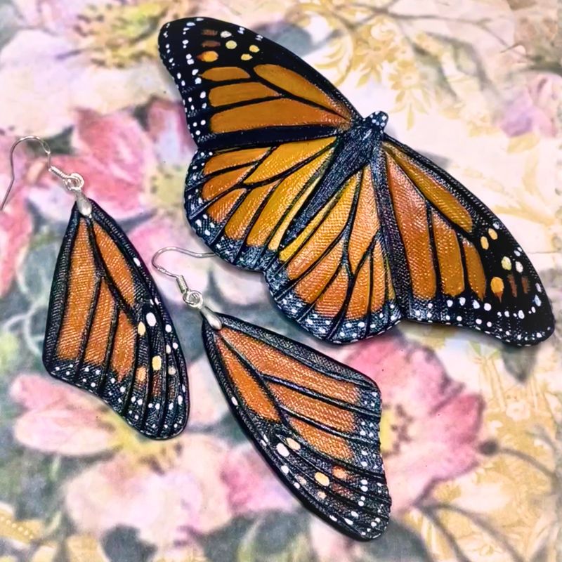 Hand tooled leather life-like monarch butterfly set of hair barrette and earrings