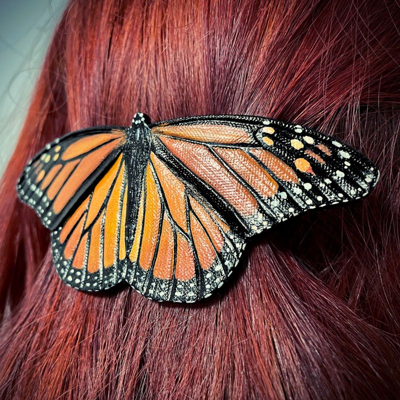 Hand Tooled Leather Monarch Butterfly Hair Barrette
