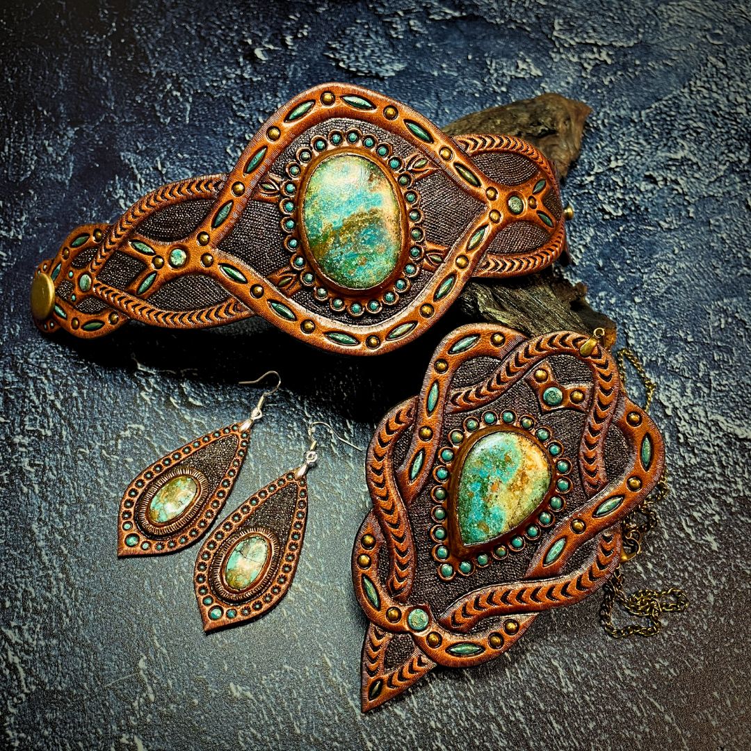 Handmade Tooled Leather Boho Jewelry Set with Chrysocolla
