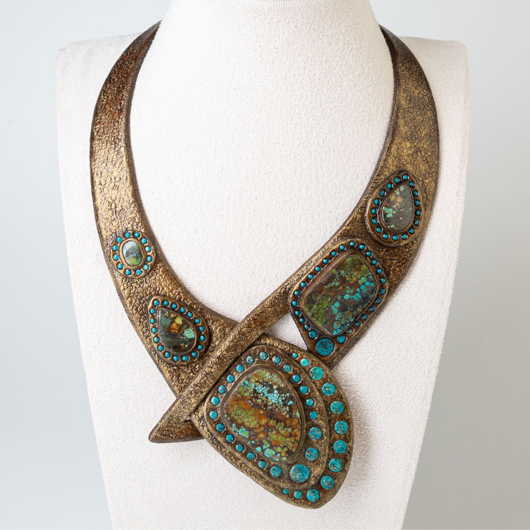 Aged gold color tooled leather necklace with Hubei turquoise