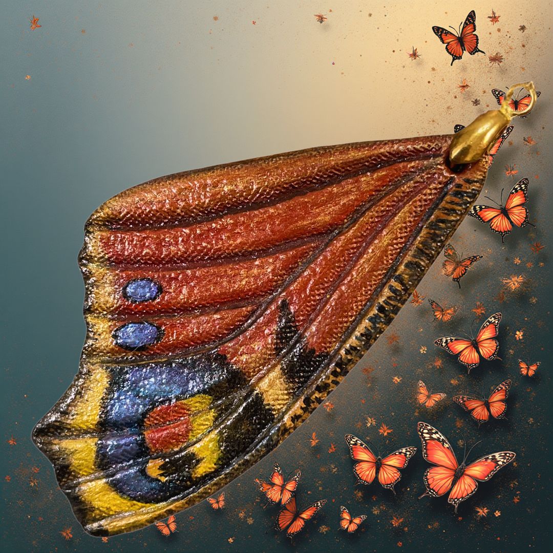 Hand tooled &amp; hand painted leather Peacock eye butterfly pendant / bag accessory