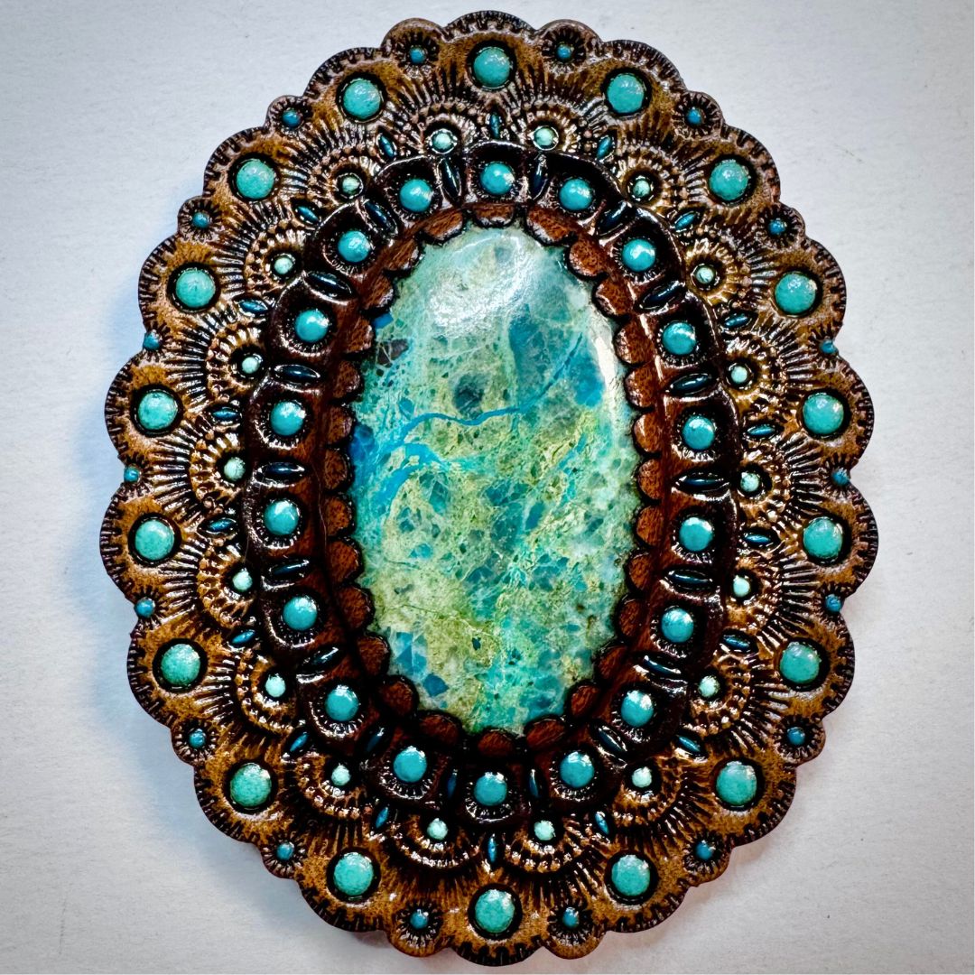 Tooled Leather Concho with Chrysocolla