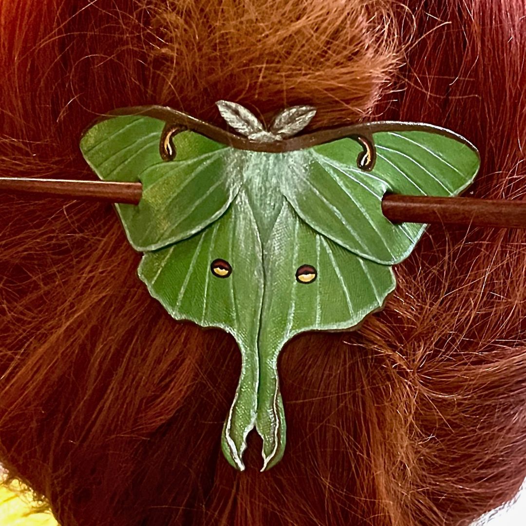 Tooled leather Luna Moth hair cuff