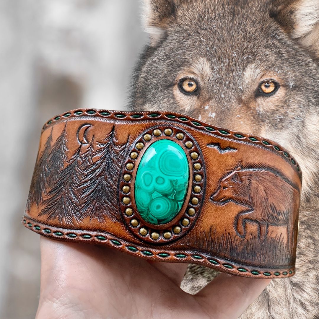 Tooled leather wolf bracelet with malachite