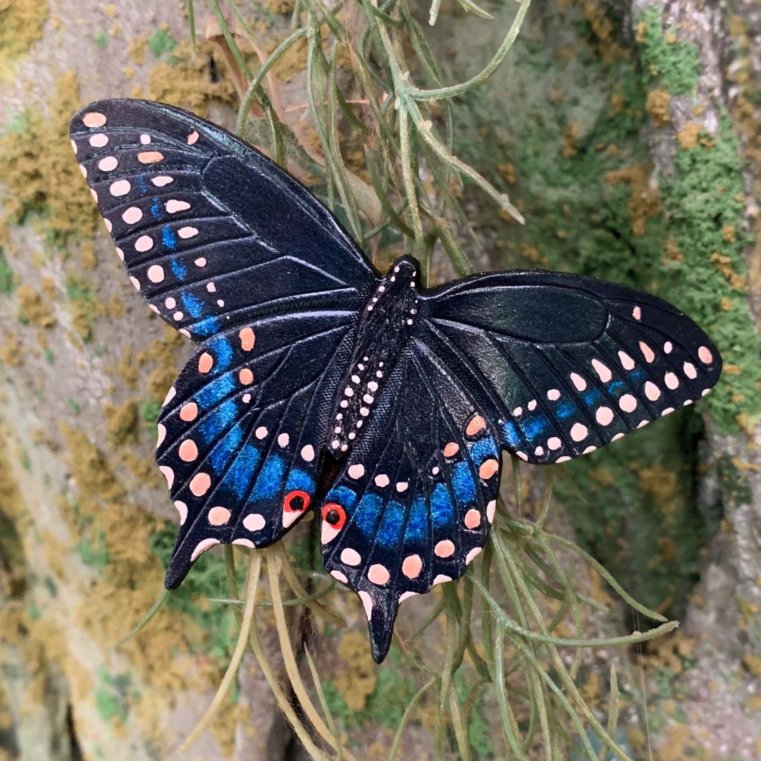 Tooled leather swallowtail butterfly hair barrette with moonstone
