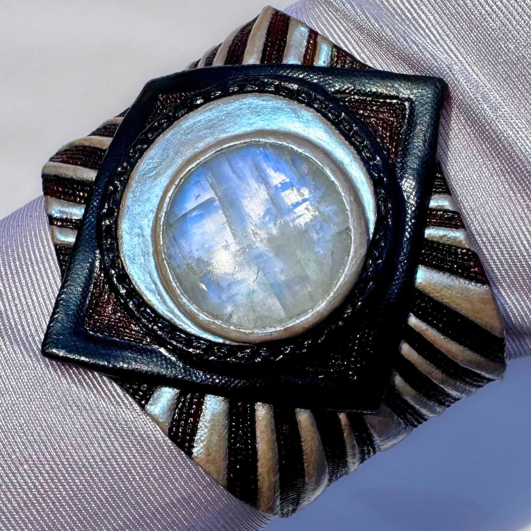 Tooled Leather Bracelet with Blue Moonstone