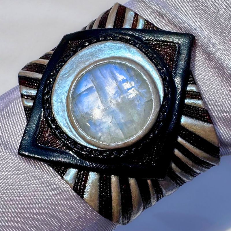 Tooled leather cuff bracelet with blue moonstone