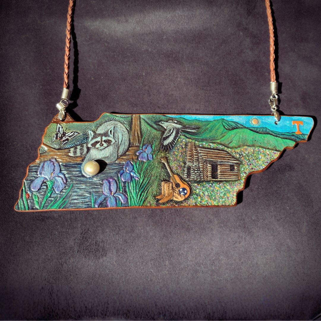 Hand Tooled Leather Tennessee Necklace with State Symbols