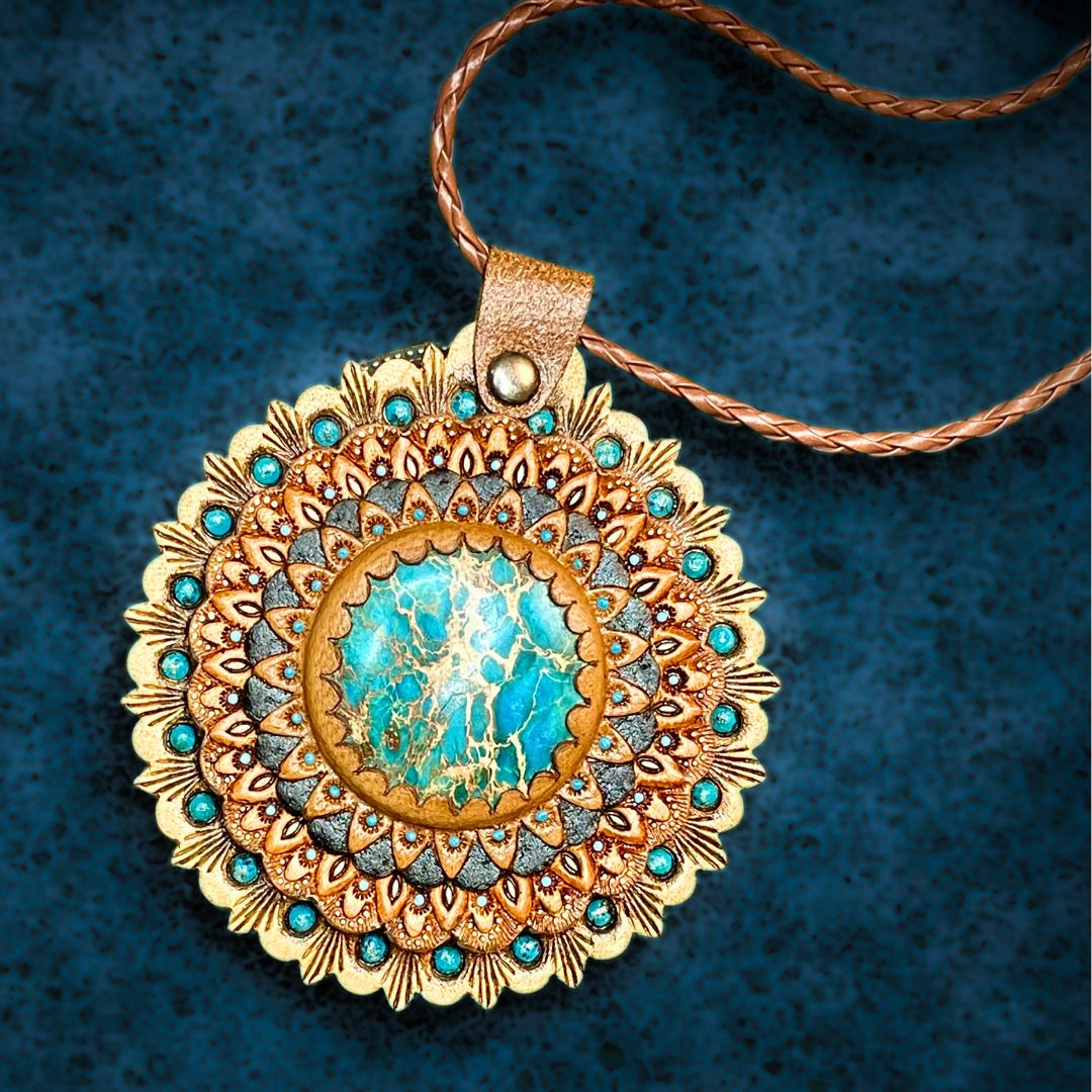 Tooled Leather Mandala Pendant: Sea Sediment Jasper Boho Necklace
