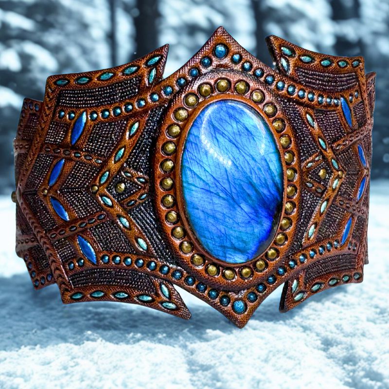 Tooled Leather Cuff Bracelet with Blue Labradorite