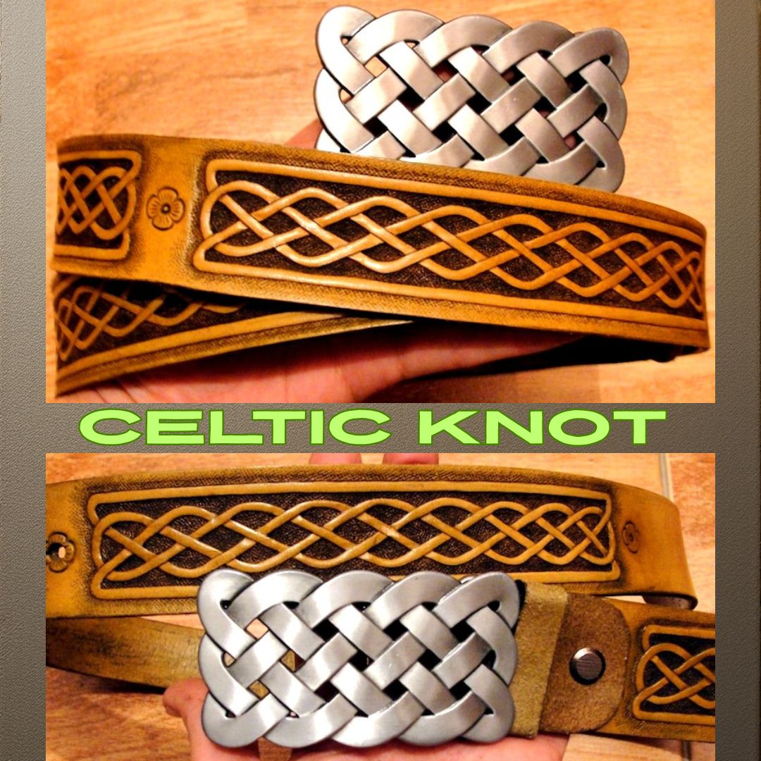 Hand tooled leather belt with Celtic knot ornaments