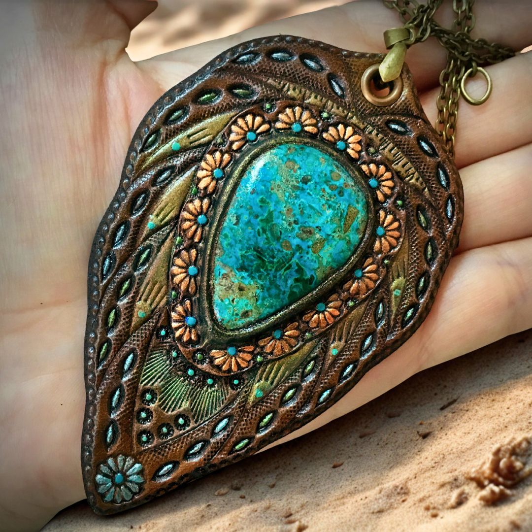 Tooled Leather Boho Pendant with Peruvian Chrysocolla