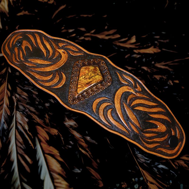 Hand Tooled Leather Fantasy Firebird Cuff Bracelet with Fire Pietersite