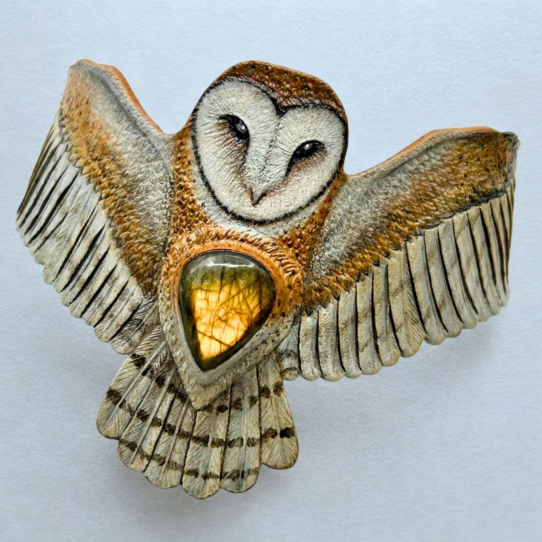 Tooled leather barn owl bracelet with golden labradorite