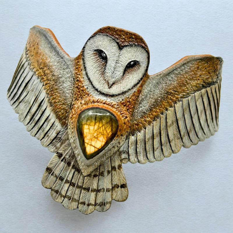Tooled leather barn owl bracelet with golden labradorite
