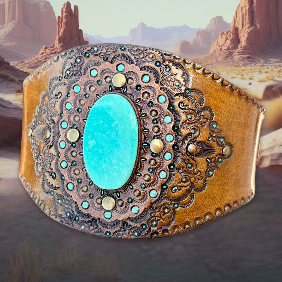 Hand Tooled Leather Cuff Bracelet: Western Boho Turquoise Jewelry