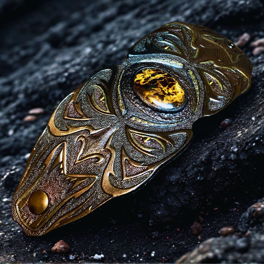 Tooled Leather Cuff Bracelet – Fire Pietersite Gem, Demonic Design