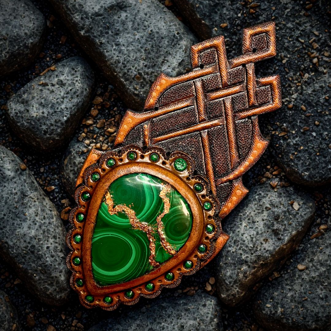 Hand Tooled Leather Bag Decoration: Malachite Gemstone Sew-on Accessory