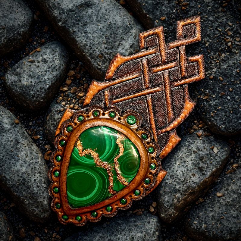 Hand Tooled Leather Bag Decoration: Malachite Gemstone Sew-on Accessory