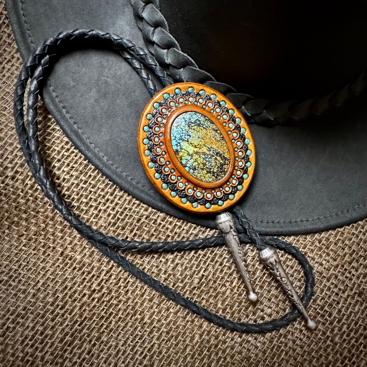 Tooled Leather Bolo Tie with Turquoise