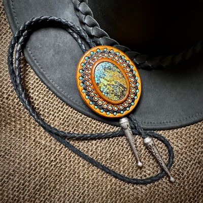 Tooled Leather Bolo Tie with Turquoise